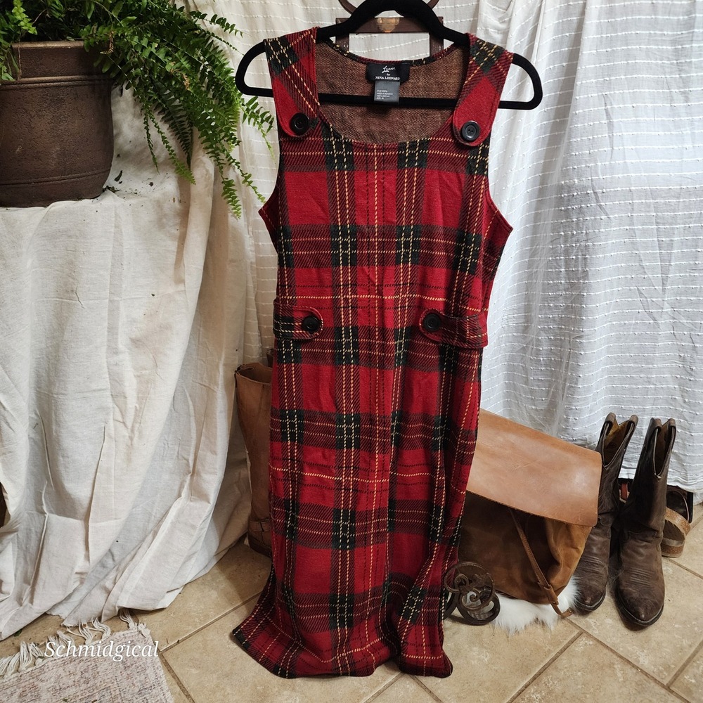Lennie for Nina Leonard Red Plaid Jumper Dress Sleeveless Knit Midi Small